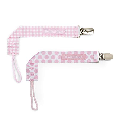 BooginHead Pacifier Clip Baby Pacifier Holder PaciGrip 2-Pack, Pink Dots and Gingham