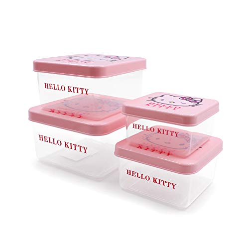 Finex Hello Kitty Rectangular Reusable Plastic Food Grade Safe Storage Container Box Set with Lids 4 Pieces Small Clear Boxes and 4 Pcs Pink Lid for Kitchen & Dining Meal Prep Snack Room Space Saving