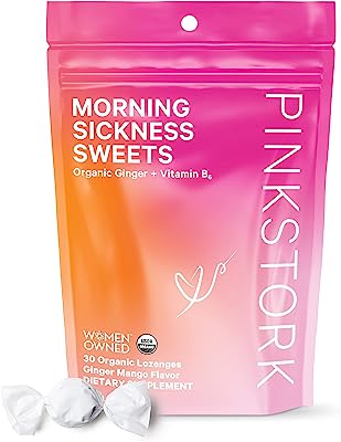 Pink Stork Morning Sickness Sweets: Ginger Mango Morning Sickness Candy for Pregnancy, Nausea, Digestion, 100% Organic + Vitamin B6, Women-Owned, 30 Hard Lozenges