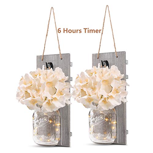 GBtroo Rustic Wall Sconces - Mason Jars Sconce, Rustic Home Decor,Wrought Iron Hooks, Silk Hydrangea and LED Strip Lights Design 6 Hour Timer Home Decoration (Set of 2)