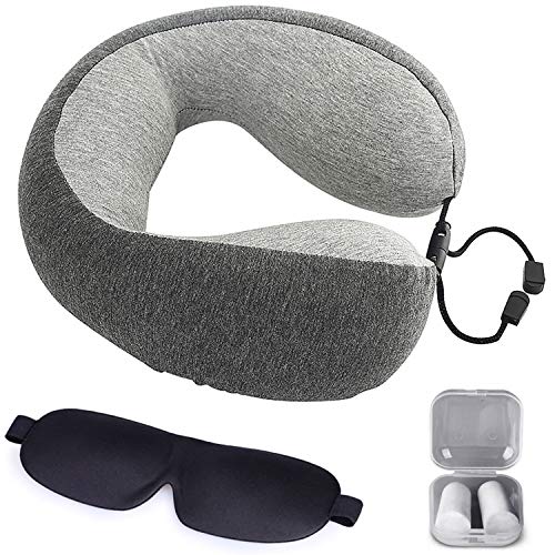 Book Cover The Comfort Brand Memory Foam Travel Pillow - Airplane Neck Pillow With Washable Cover, Ear Plugs And Eye Mask For Superior Comfort Breathable Pillow Gray By