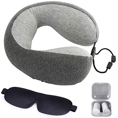 The Comfort Brand Memory Foam Travel Pillow - Airplane Neck Pillow With Washable Cover, Ear Plugs And Eye Mask For Superior Comfort Breathable Pillow Gray By