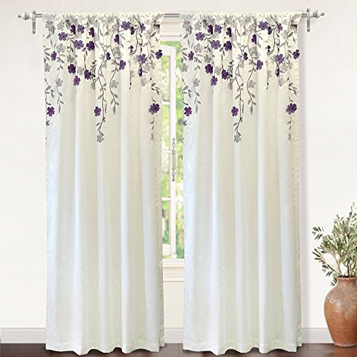 DriftAway Isabella Faux Silk Embroidered Window Curtain Embroidered Crafted Flower Lined with Thermal Fabric 2 Panels 50 Inch by 84 Inch Ivory Purple