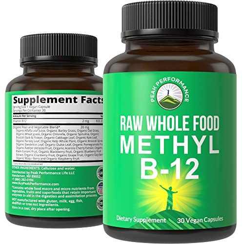 Peak Performance Raw Whole Food Vegan B12 Vitamin. Vitamin B12 Methylcobalamin - Methyl B-12 Supplement Plus 25+ Fruit and Vegetable Ingredients. 30 Day Supply Capsules