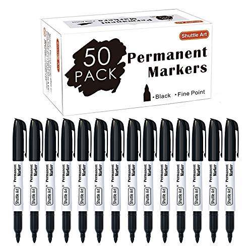 Book Cover Permanent Markers,Shuttle Art 50 Pack Black Permanent Marker set,Fine Point, Works on Plastic,Wood,Stone,Metal and Glass for Doodling, Marking