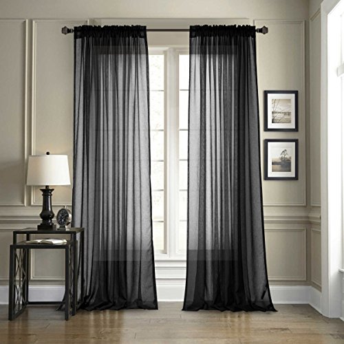 Dreaming Casa Solid Sheer Curtains Living Room Black Rod Pocket Voile Draperies Window Treatment 52" W x 96" L 2 Panels