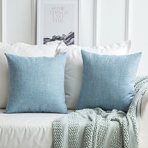 Book Cover MIULEE Pack of 2 Decorative Linen Burlap Pillow Cover Square Solid Throw Cushion Case for Sofa Car Couch 18x18 Inch Light Blue