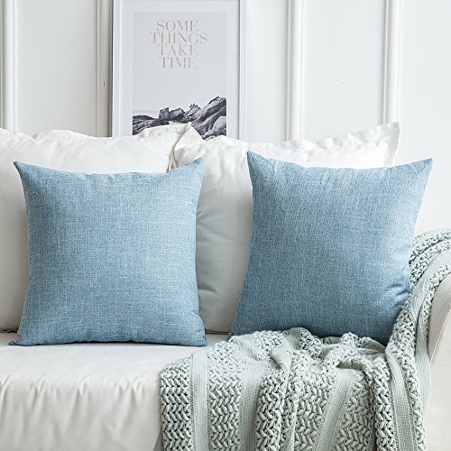 MIULEE Pack of 2 Decorative Linen Burlap Pillow Cover Square Solid Throw Cushion Case for Sofa Car Couch 18x18 Inch Light Blue