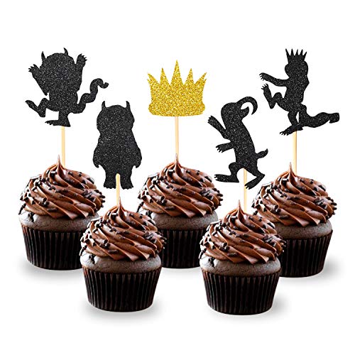 Book Cover Levfla Black and Gold Glitter Where The Wild Things are Inspired Cupcake Toppers Wild One Birthday Party Decorations Pack of 25
