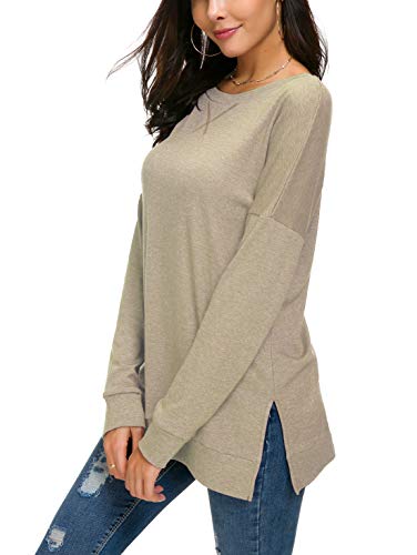 HIYIYEZI Women's Fall Long Sleeve Side Split Loose Casual Pullover Tunic Tops