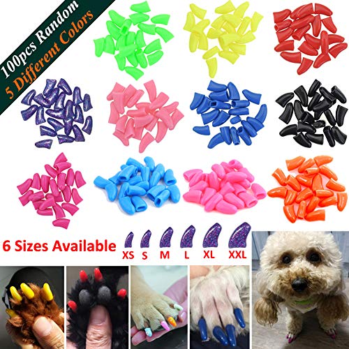 JOYJULY 100pcs Dog Nail Caps Soft Claws Covers Nail Caps for Pet Dog Pup Puppy Paws Home Kit, 5 Random, with Glue, Tips and Instruction, XXL