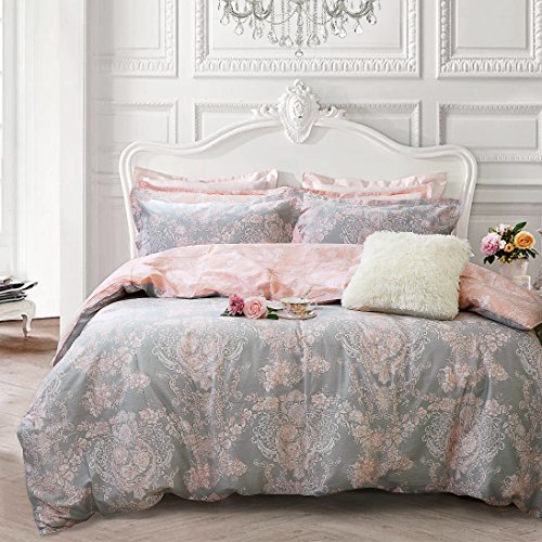 Book Cover Brandream Blush Pink Bedding Sets Queen Size Girls Damask Flower Bedding 100% Cotton Duvet Cover Set 3-Piece(Comforter not Included)