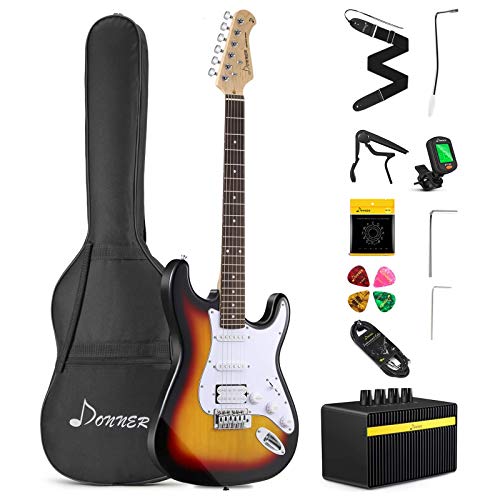 Donner 39 Inch Electric Guitar Beginner Kit Solid Body Full Size Sunburst HSS for Starter, with Amplifier, Bag, Digital Tuner, Capo, Strap, String, Cable, Picks, DST-102S