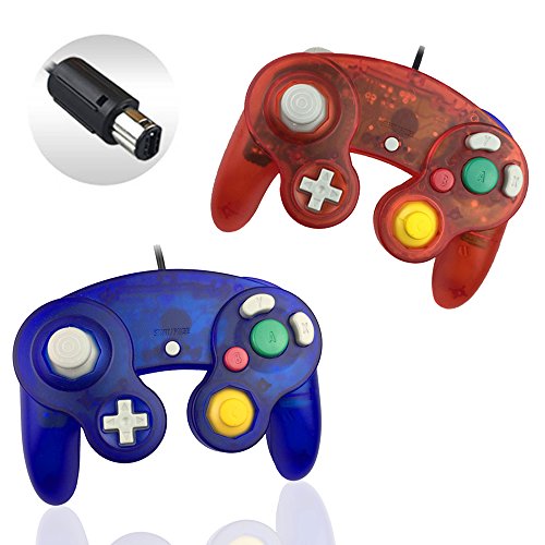 Reiso 2 Packs NGC Controllers Classic Wired Controller for Wii Gamecube(Clear Red and Clear Blue)