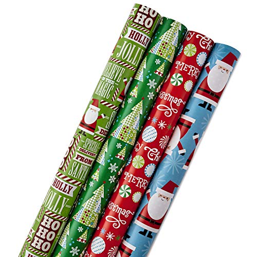 Book Cover Hallmark 5JXW1736 Gift Wrapping Paper, Set of 4 Santa and Trees
