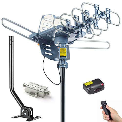 Book Cover PBD Digital Outdoor TV Antenna, 150 Mile Motorized 360 Degree Rotation Support 2 TVs, Mounting Pole, 50FT RG6 Coax Cable, 4G Filter, Wireless Remote Control, UHF/VHF, Snap-On Installation