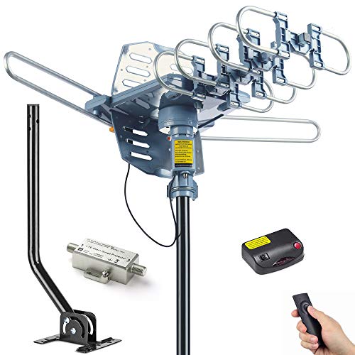 PBD Digital Outdoor TV Antenna, 150 Mile Motorized 360 Degree Rotation Support 2 TVs, Mounting Pole, 50FT RG6 Coax Cable, 4G Filter, Wireless Remote Control, UHF/VHF, Snap-On Installation