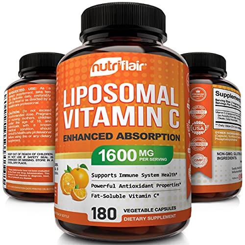 Book Cover NutriFlair Liposomal Vitamin C 1600mg, 180 Capsules - High Absorption, Fat Soluble VIT C, Antioxidant Supplement, Higher Bioavailability Immune System Support & Collagen Booster, Non-GMO, Vegan Pills