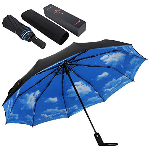 10 Ribs Umbrella,Large Travel Umbrella, Windproof Umbrella, Compact Auto Open Close Umbrella with Double Layer Design, Sturdy UV Protection Waterproof Umbrella (Blue Sky)