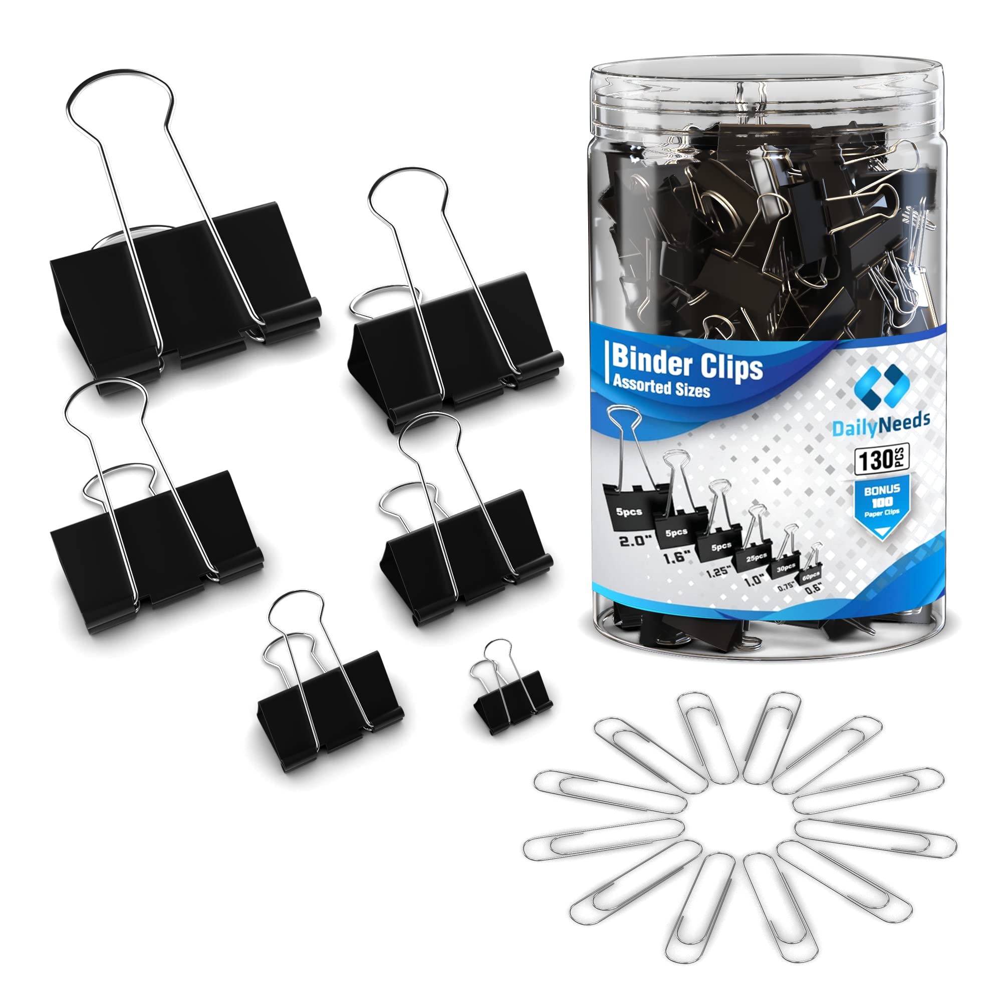 Book Cover 230 Pack Assorted Size Binder Clips [100 Bonus Paper Clips] - 6 Sizes Paper Clamp - Sturdy Container Included (Black)