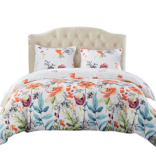 JML Duvet Cover Queen, Luxury Soft Brushed Microfiber 3 Piece Queen Duvet Cover Set with Zipper Closure Tie - Reversible Floral Boho Pattern Bedding Set, White Floral