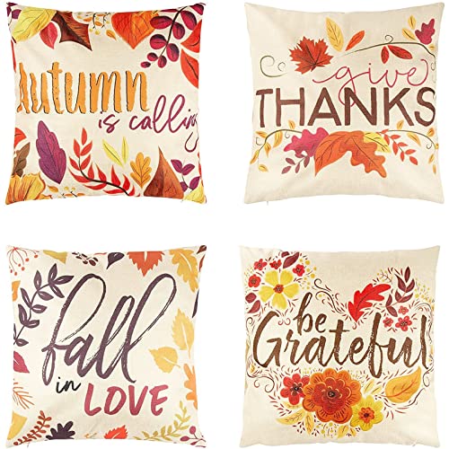 Set of 4 Thanksgiving Throw Pillow Covers with Seasonal Fall Quotes, 4 Autumn Designs (17 x 17 in)