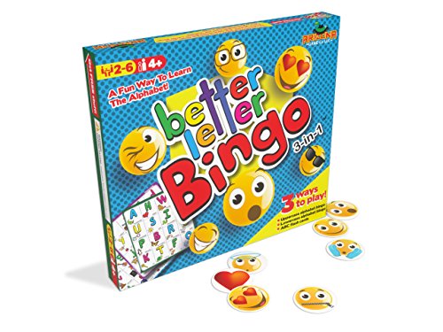 Book Cover Better Letter Bingo 3-in-1 Preschool Game with Fun Emoji Bingo Chips - Play Both Upper and Lowercase Alphabet Bingo or Use as ABC Flash Cards - 2 to 6 Players
