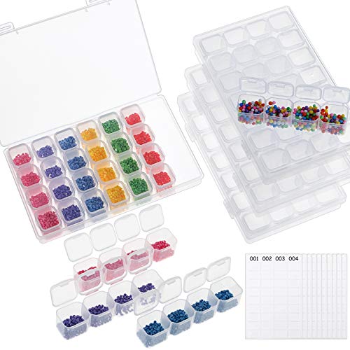 Outuxed 4 Pack 28 Grids Diamond Painting Boxes, 112 Slots Diamond Storage Boxes Containers，Diamond Painting Accessories Organizer with 400pcs Label Stickers for Bead, Art Craft Storage