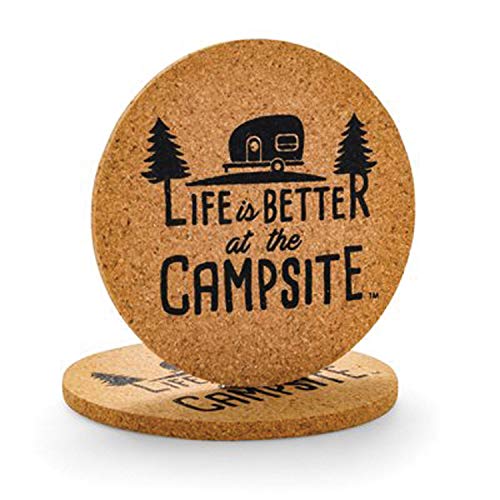 Camco Life Is Better at The Campsite Cork Round Drink Coaster - Fun Retro RV Logo Design | Great for Rving, Camping, Outdoor Cooking and Grilling and More - 2 Pack (53229)
