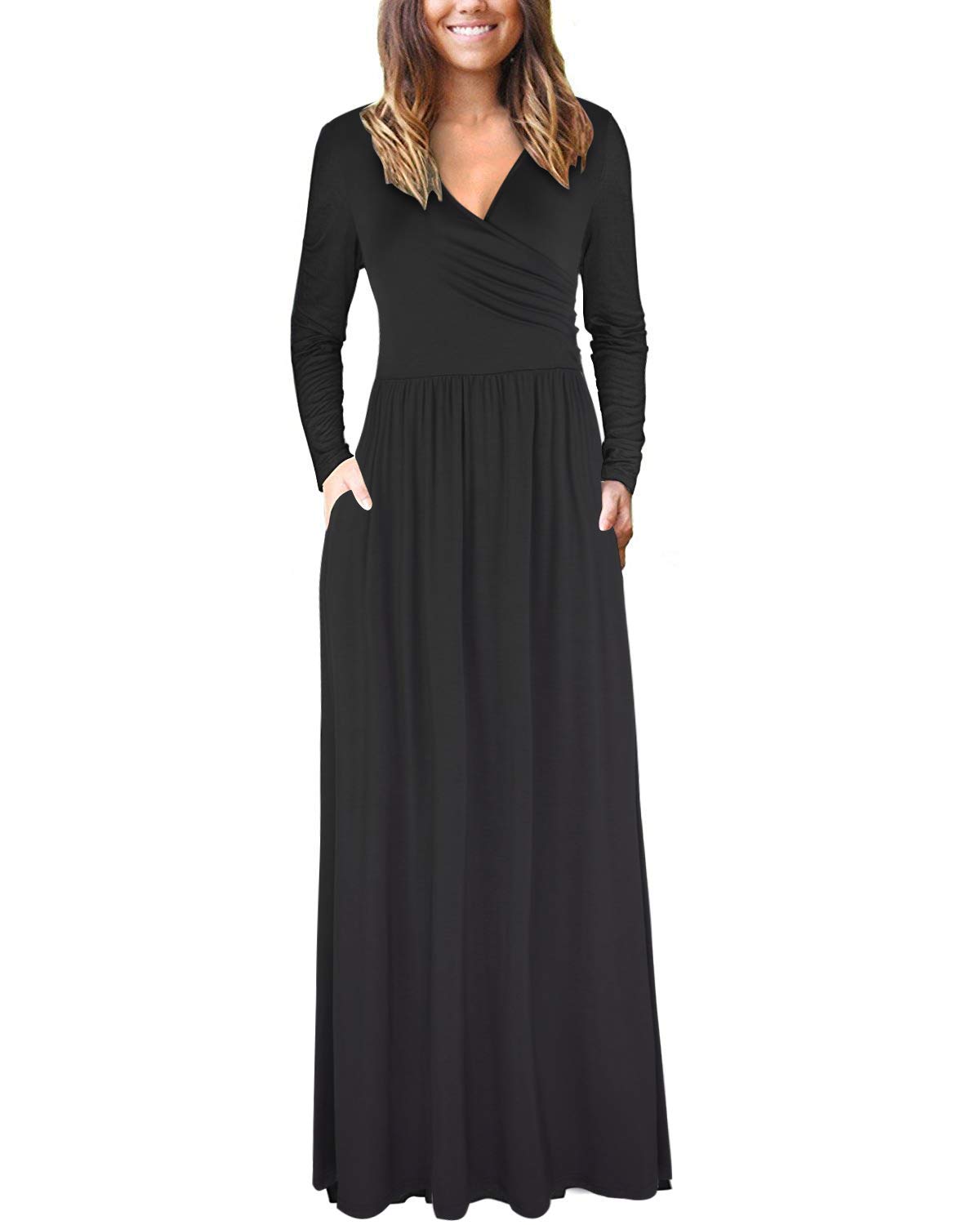 Book Cover STYLEWORD Women's Long Sleeve Plain Maxi Dresses Pleated Casual Long Dress with Pockets
