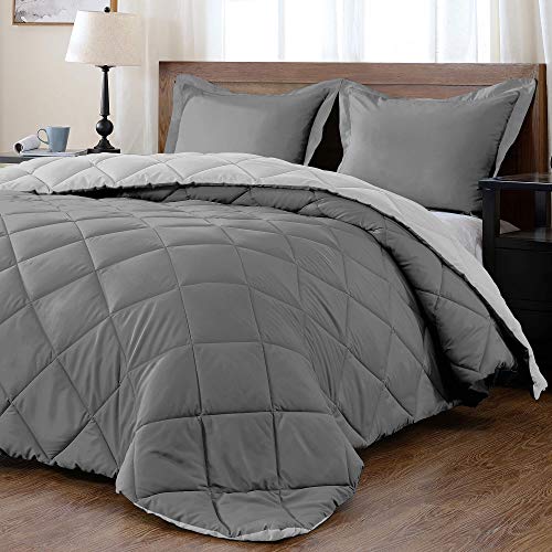 Book Cover downluxe Lightweight Solid Comforter Set (King) with 2 Pillow Shams - 3-Piece Set - Charcol and Grey - Down Alternative Reversible Comforter