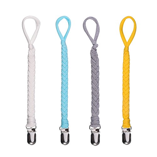 Book Cover HAUTOCO Pacifier Clip for Boys and Girls, 4 Pack Universal Braided Pacifier Holder Leash Teething Ring for All Pacifiers, Baby Teething Toys, Drool Bibs and Blankets