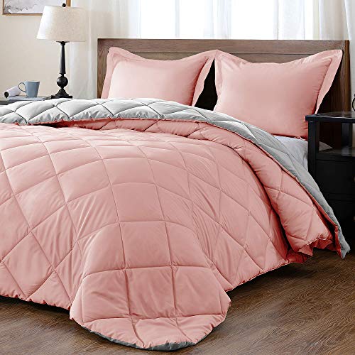 Book Cover downluxe Lightweight Solid Comforter Set (Queen) with 2 Pillow Shams - 3-Piece Set - Pink and Grey - Down Alternative Reversible Comforter