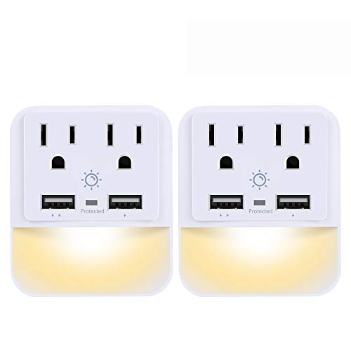 Book Cover USB Wall Charger, Outlet Adapter, POWRUI 2-Pack Surge Protector(1080 Joules) with Dual USB Charger Ports(2.4A Total), Dual Outlet Extender and Dusk-to-Dawn Sensor Night Light, White, ETL Certified