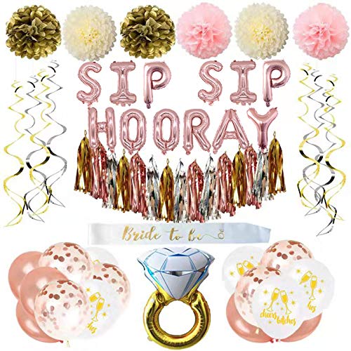 Bachelorette Party Decorations Bridal Shower Supplies Bride to be kit - Banner,Sash,Foil Tassels,Engagement Ring Balloon,Pom Poms Flowers, Balloons,Swirl