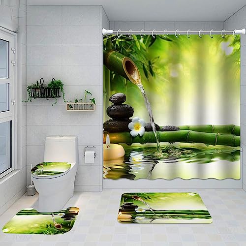 Book Cover Amagical 4PCS Bamboo Zen Garden Theme Green Bathroom Mat Set with Shower Curtain, Japanese Design Candles Decor Bath Mat Contour Mat Toilet Cover with 12 Hooks