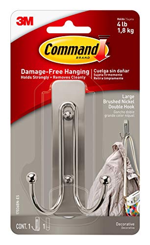 Book Cover Command Large Double Wall Hook, Brushed Nickel, Decorate Damage-Free
