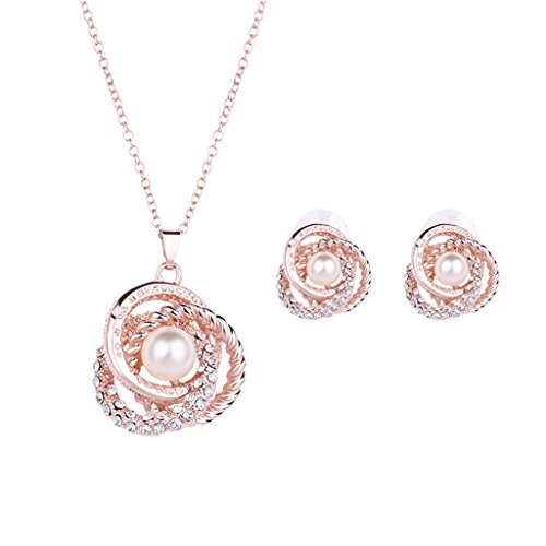 Milue Womens Jewelry Set Gorgeous Rhinestone Faux Pearl Pendant Necklace Stud Earrings Shown