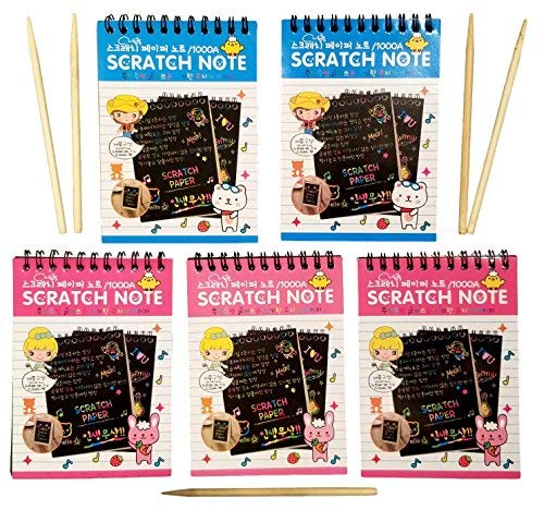 5 Mini Scratch & Sketch Art Note Pads,(10 Pages per pad) Scratch Art Rainbow Mini Notes with Stylus Scratch Paper and 5 Wooden Stylus