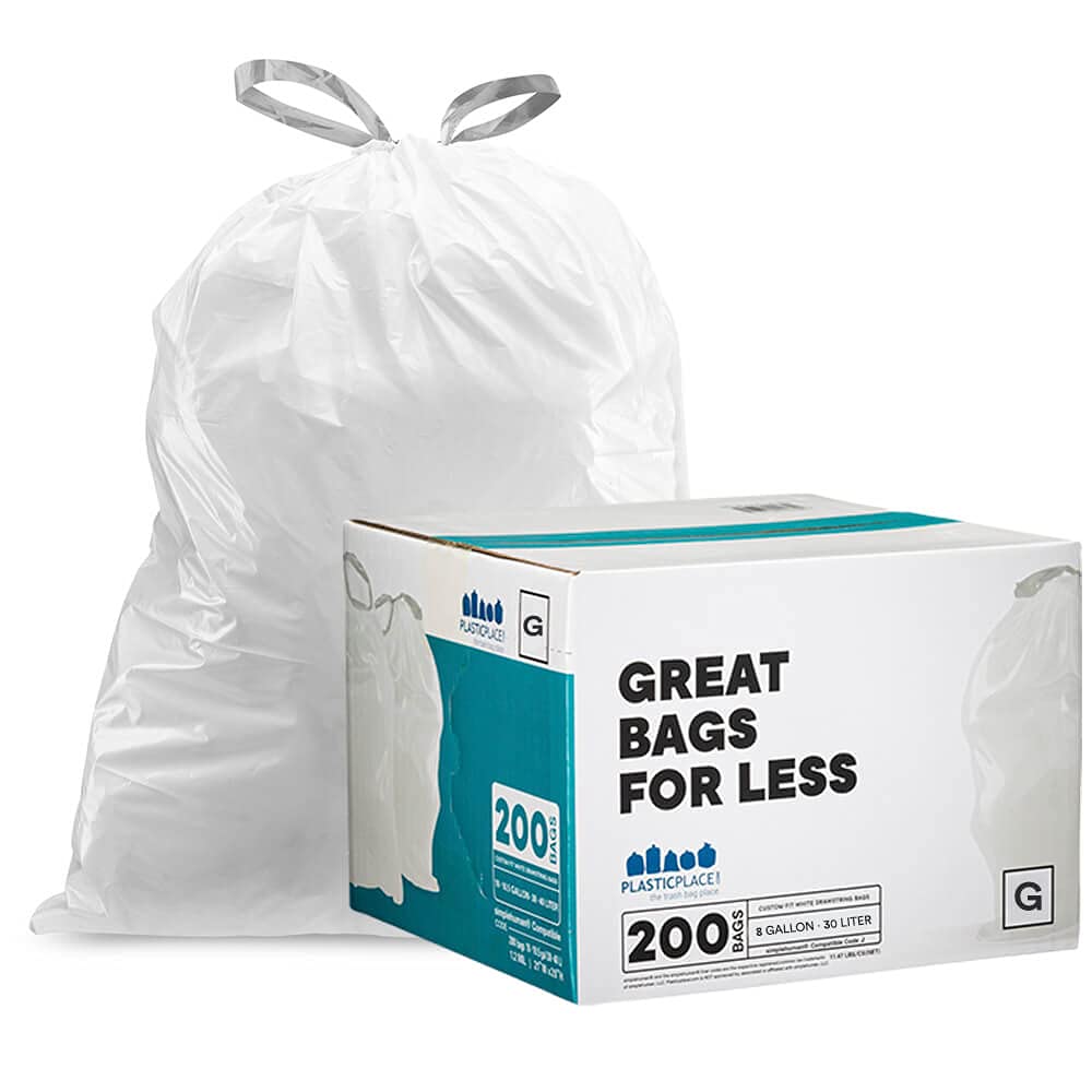Book Cover Plasticplace TRA160WH Custom Fit Trash Bags │ simplehuman (x) Code G Compatible (200Count) │ White Drawstring Garbage Liners 8 gallon/ 30 Liter │ 17.5