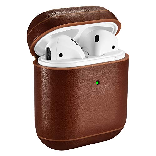 Book Cover AirPods Case, ICARER Genuine Airpods Leather Case (The Front LED Visible) Wireless Charging Cover for Apple Airpod 2 & 1 (Brown)