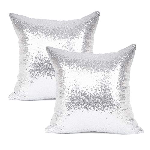 Book Cover YOUR SMILE Pack of 2, New Luxury Series Silver Decorative Glitzy Sequin & Comfy Satin Solid Throw Pillow Cover Cushion Case for Wedding/Christmas,18