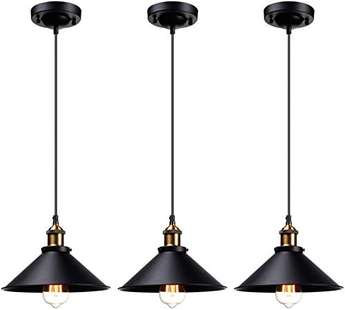 LEONLITE Industrial Hanging Pendant Light, Rustic Farmhouse Style, 10 Inch Matte Black Metal Shade, Retro Vintage Hanging Light, for Dining Room, Bars, Warehouse, E26 Base, UL Certified, Pack of 3