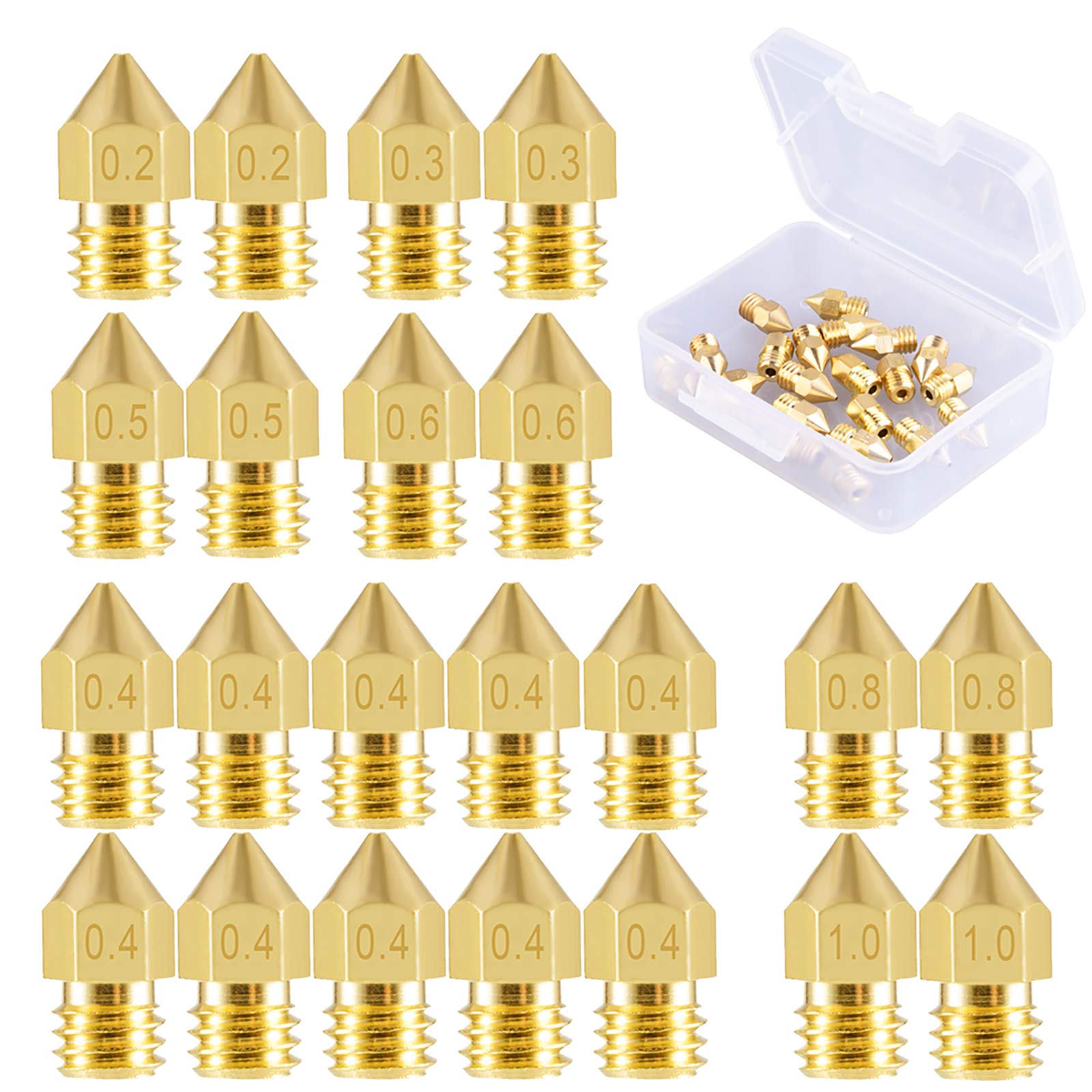 SIQUK 22 Pieces 3D Printer Nozzles MK8 Nozzle 0.2mm, 0.3mm, 0.4mm, 0.5mm, 0.6mm, 0.8mm, 1.0mm with Storage Box for 3D Printer Makerbot CR-10
