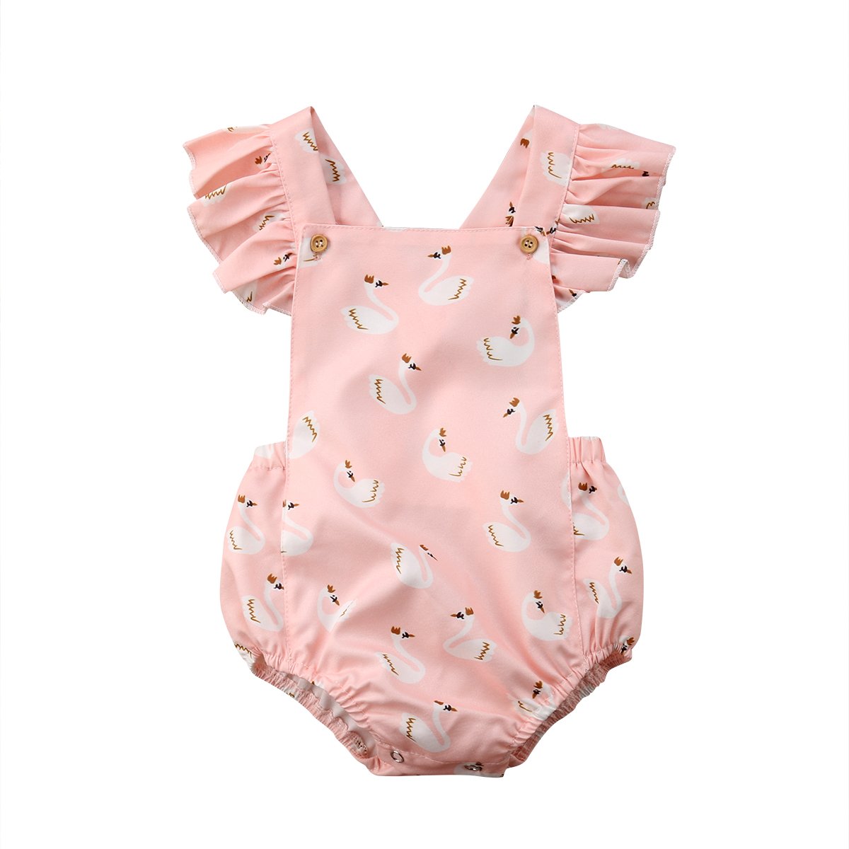 BiggerStore Cute Baby Girl Swan Print Ruffle Sleeve Blackless Bubble Romper Jumpsuit (Pink, 0-6 Months)