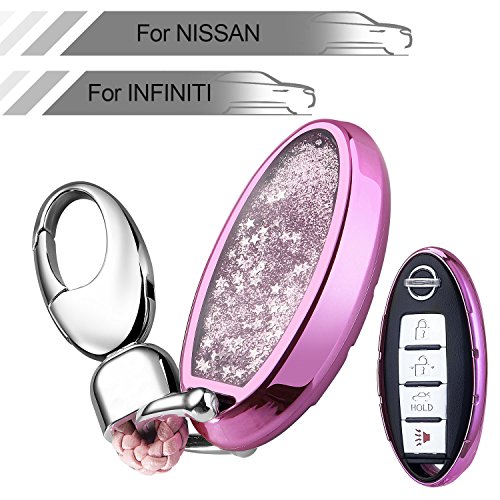 Key Fob Cover with Glitter Liquid Quicksand,Flowing Bling Sparkle Key Fob Case Fit 3/4/5 Buttons Keyless Entry of Nissan Altima Maxima Sedan Pathfinder and Infiniti - Rose