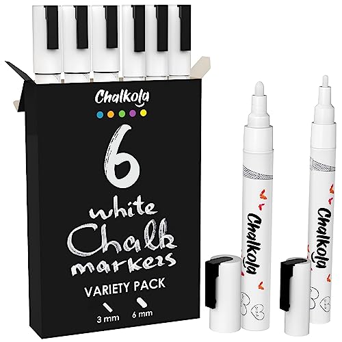 Chalkola 6 White Liquid Chalk Markers - White Dry Erase Liquid Chalk Pens for Chalkboard Signs, Blackboard, Car Window, Glass, Bistro | Variety pack - (3x) 3mm Fine Tip + (3x) 6mm Bold Size Ink Marker