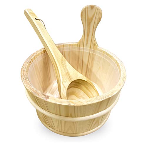 Unitrox Sauna Wooden Bucket and Ladle Kit,Uwecan Sauna Accessories with Liner for Sauna & SPA - Made of Premium Finland Pinewood(Pinus silvestris) - 6L