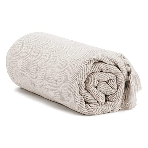 Americanflat Throw Blanket for Couch in Cream Herringbone 50" x 60" - All Seasons Lightweight Cozy Soft Blankets & Throws for Bed and Sofa - 100% Cotton with Fringe
