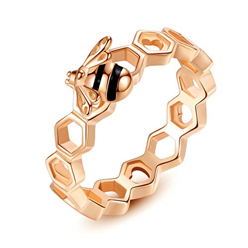 Qings 925 Sterling Silver Rose Gold Bee Ring with High-Grade Velt Bag Birthday Gift for Girls